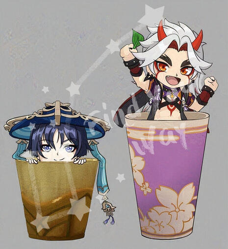 Wanderer and Arataki Itto in Drink Cups